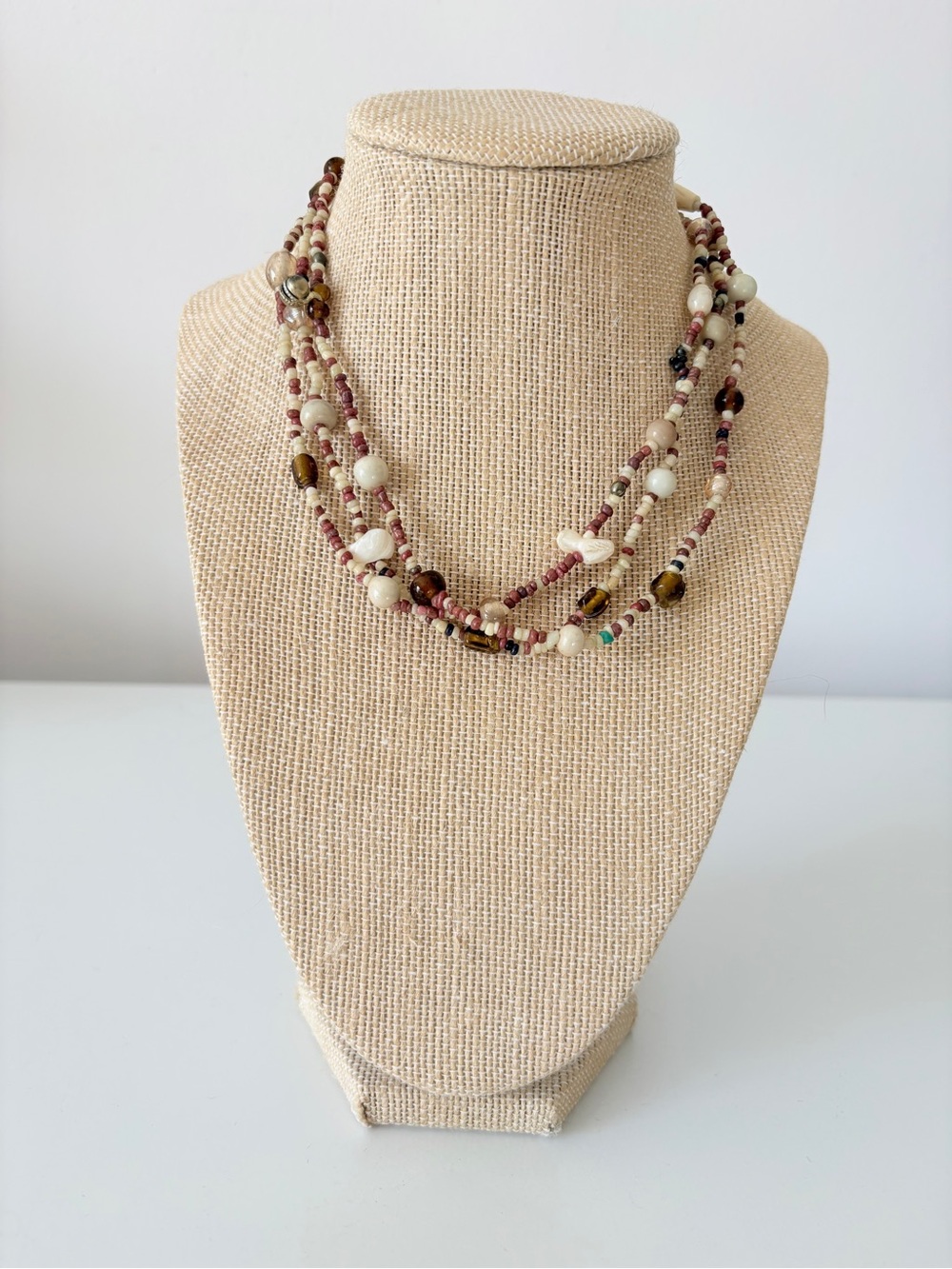 Earth Tone Long Strand Beaded Necklace Boho Layering Beachy Coastal